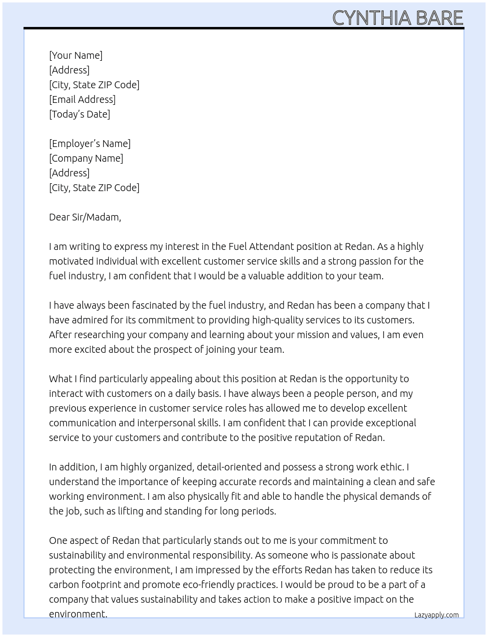 Fuel attendant  At Redan Cover Letter