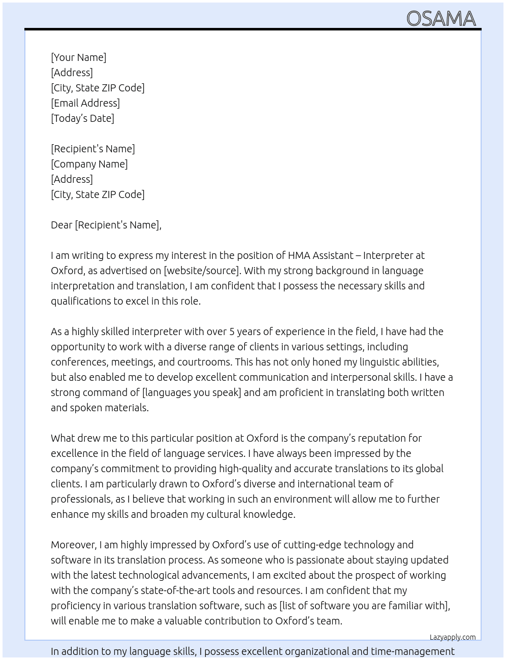 HMA Assistant – Interpreter  At Oxford  Cover Letter