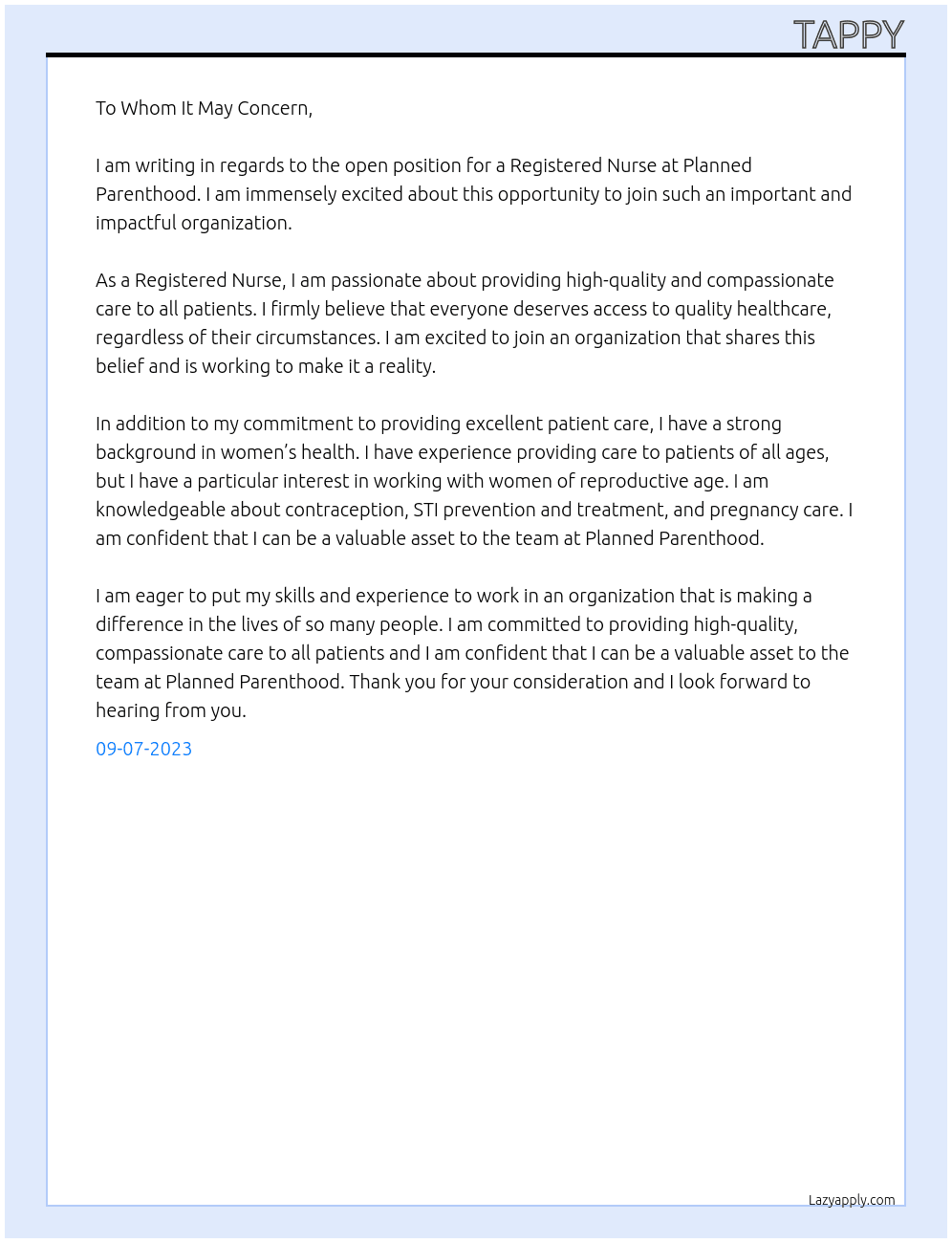 Registered Nurse At Planned Parenthood Cover Letter