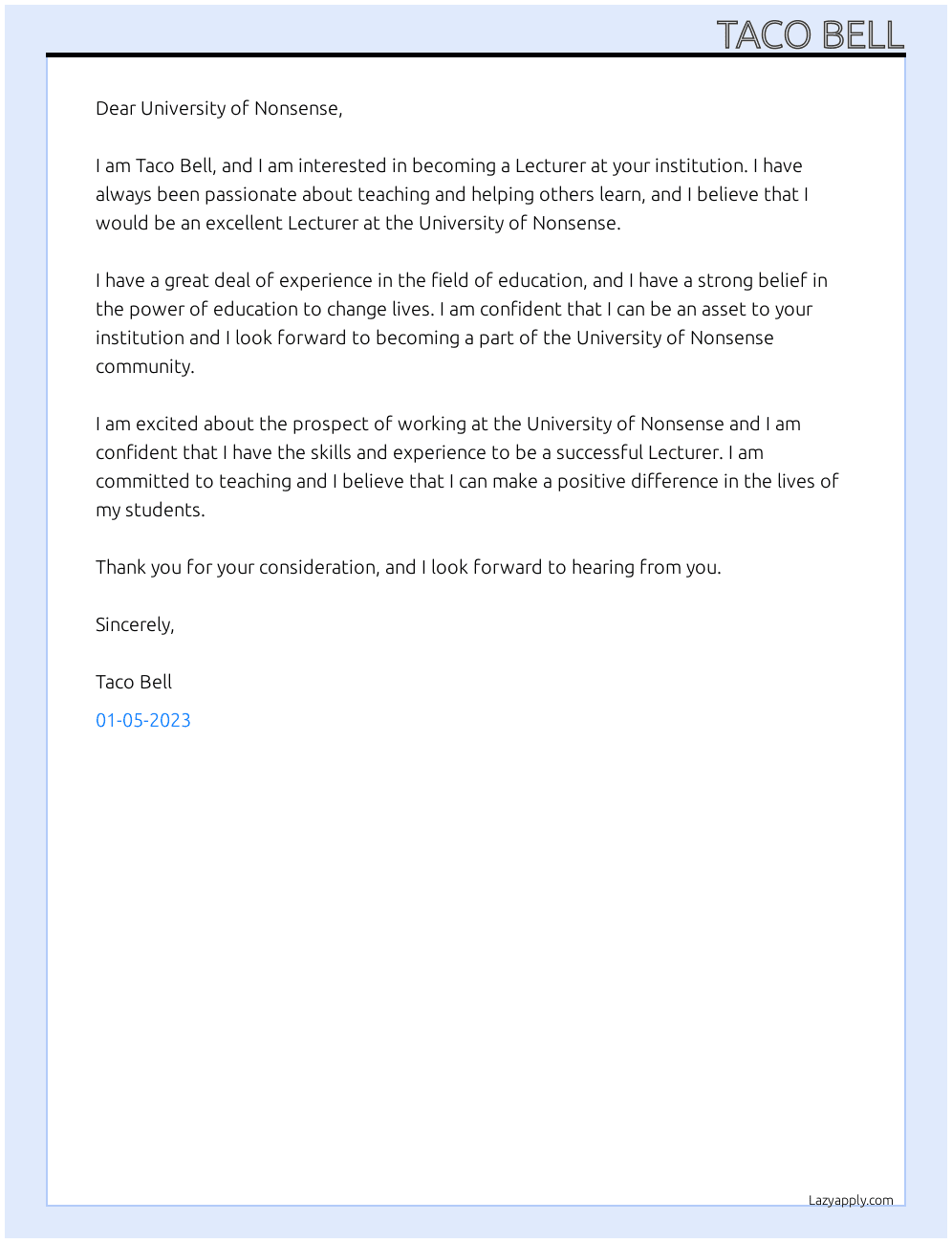 Lecturer At University of Nonsense Cover Letter