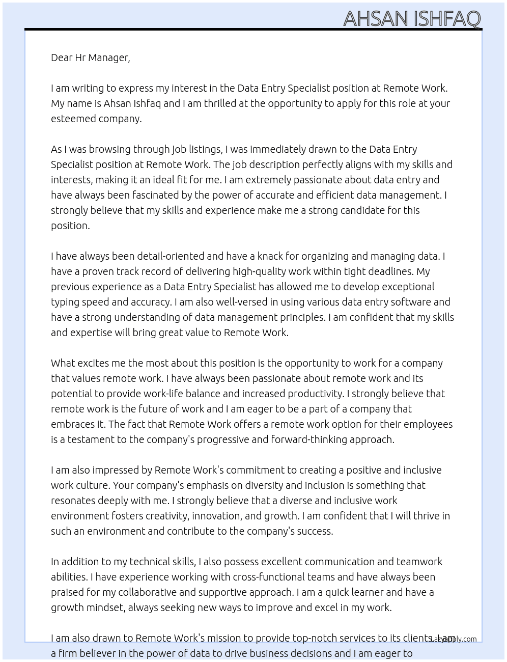 Data Entry Specialist At Remote Work Cover Letter