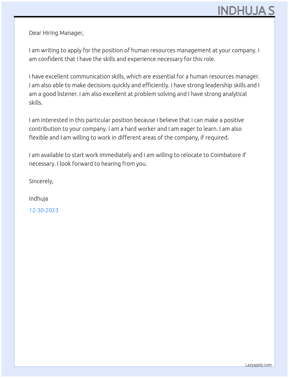 Human resources management  At Hiring manager  Cover Letter