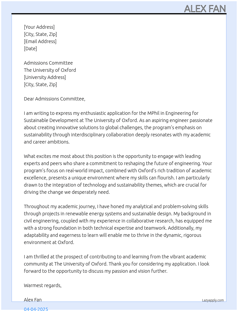 MPhil  in Engineering for Sustainable Development  At The University of Oxford Cover Letter