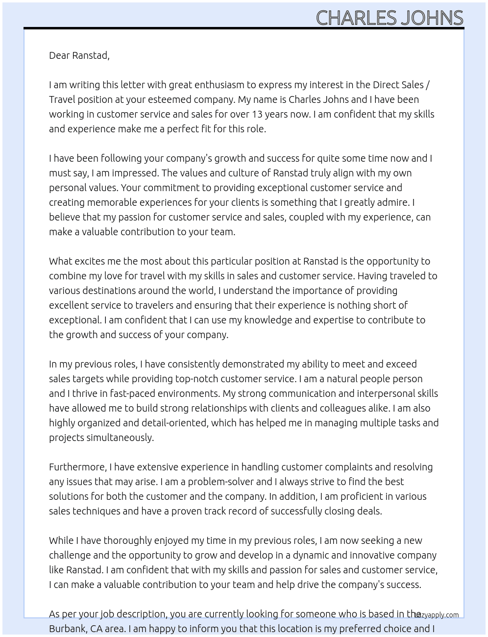 Direct Sales / Travel At Ranstad Cover Letter