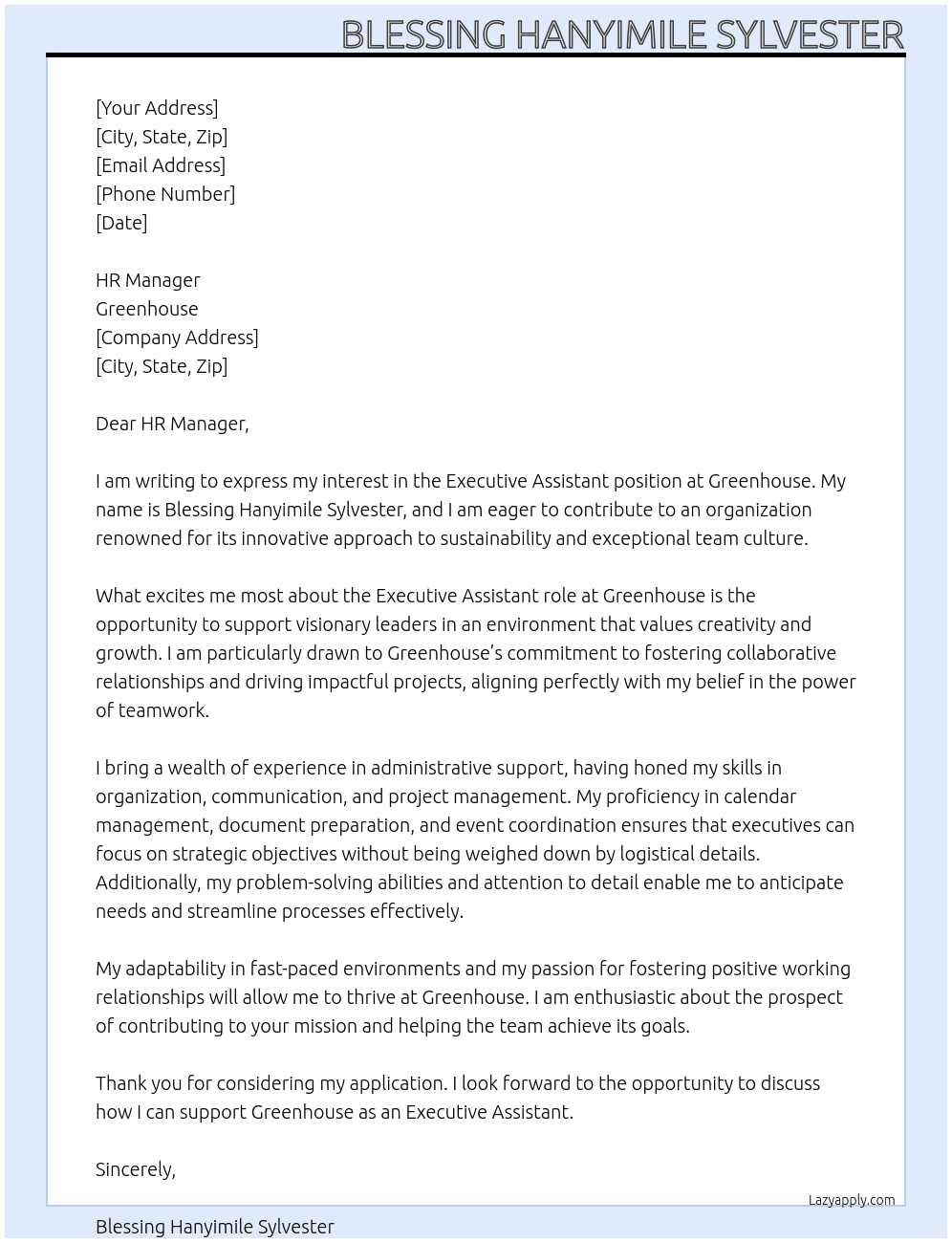 Executive Assistant  At Greenhouse  Cover Letter