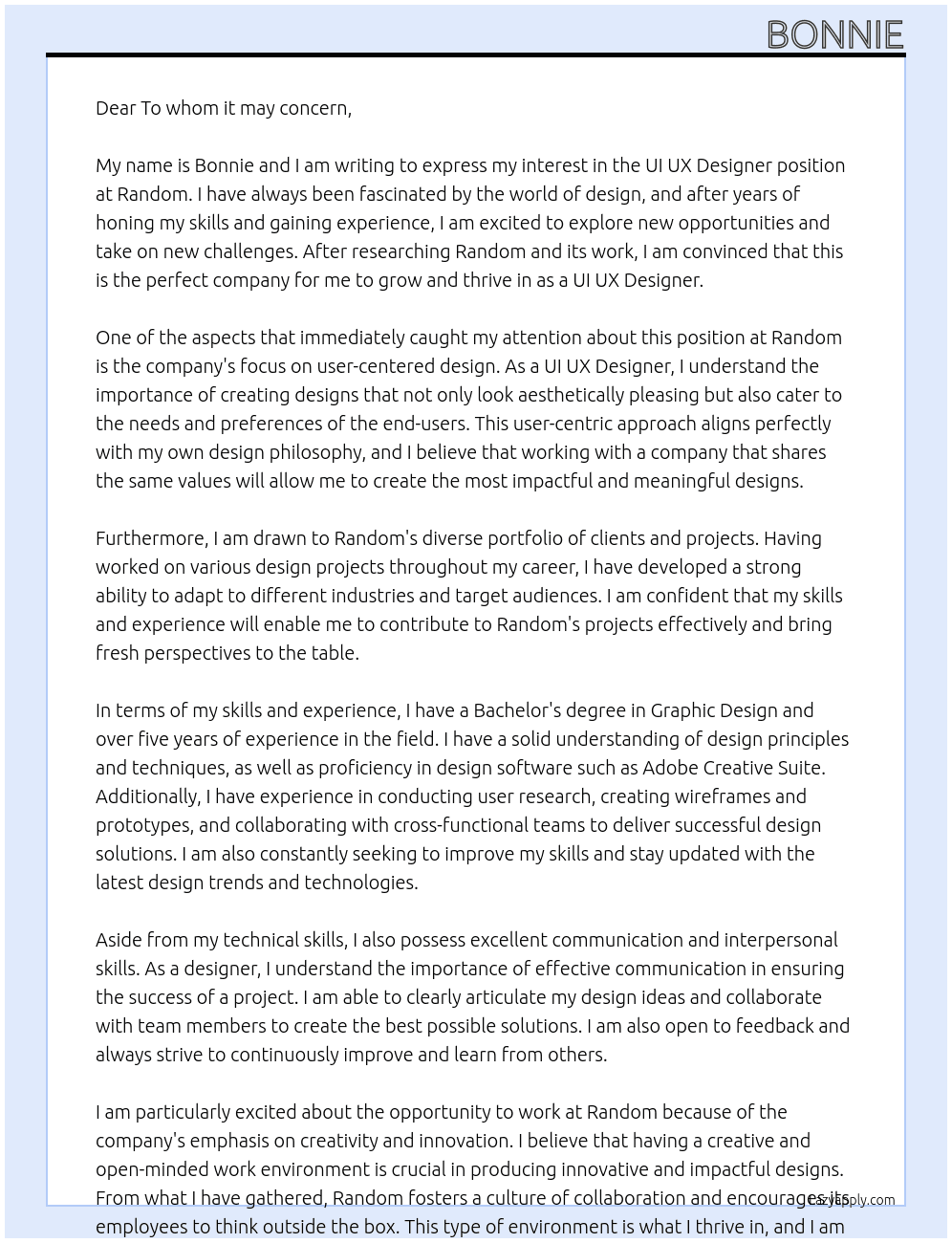 UI UX Designer At Random Cover Letter