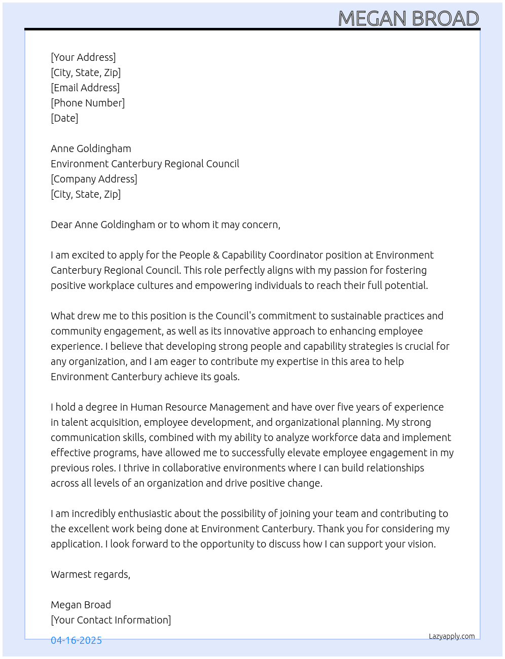 People & Capability Coodiator At Environment Canterbury Regional Council Cover Letter
