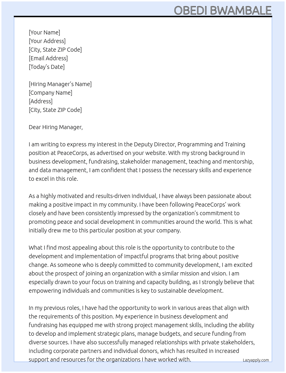 Deputy Director, Programming and training At PeaceCorps Cover Letter