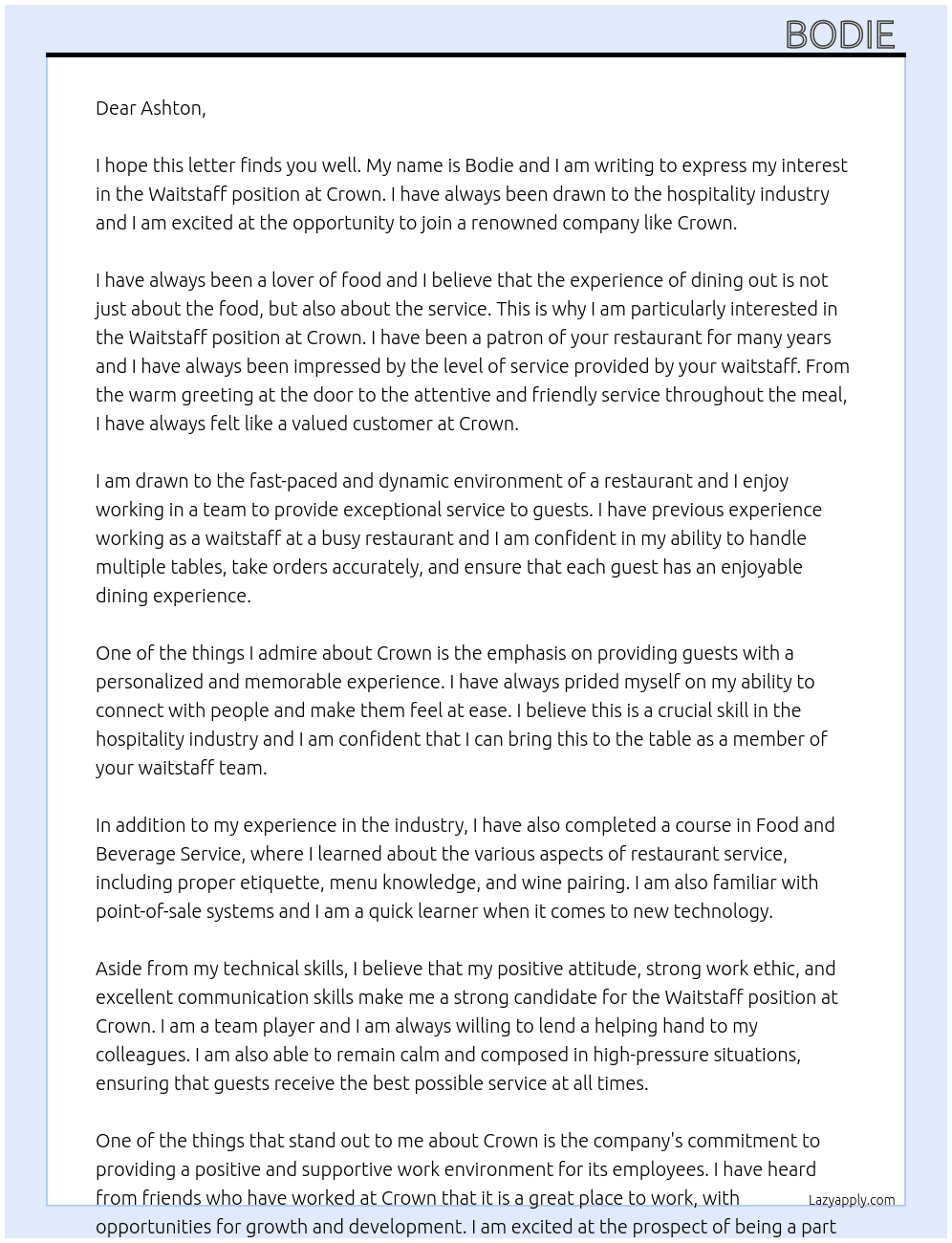 Waitstaff  At Crown Cover Letter