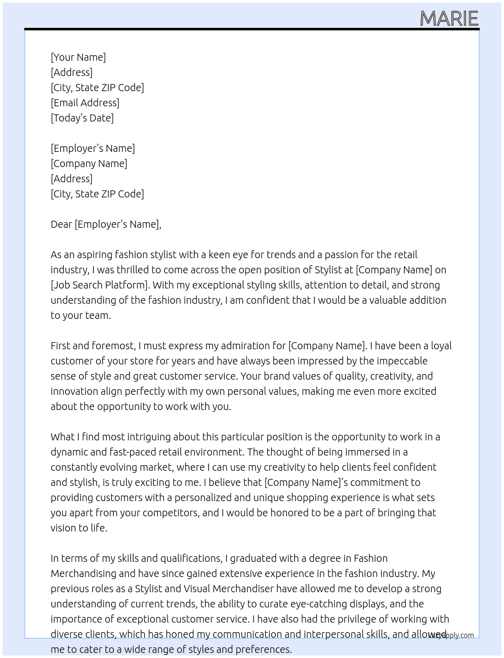Stylist - retail industry At Private Company Cover Letter