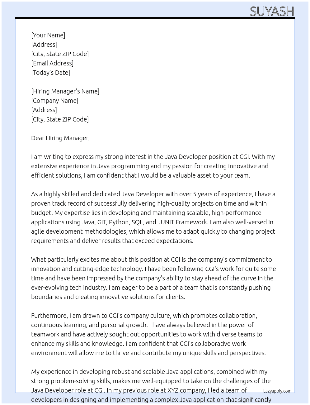 Java Developer At CGI Cover Letter