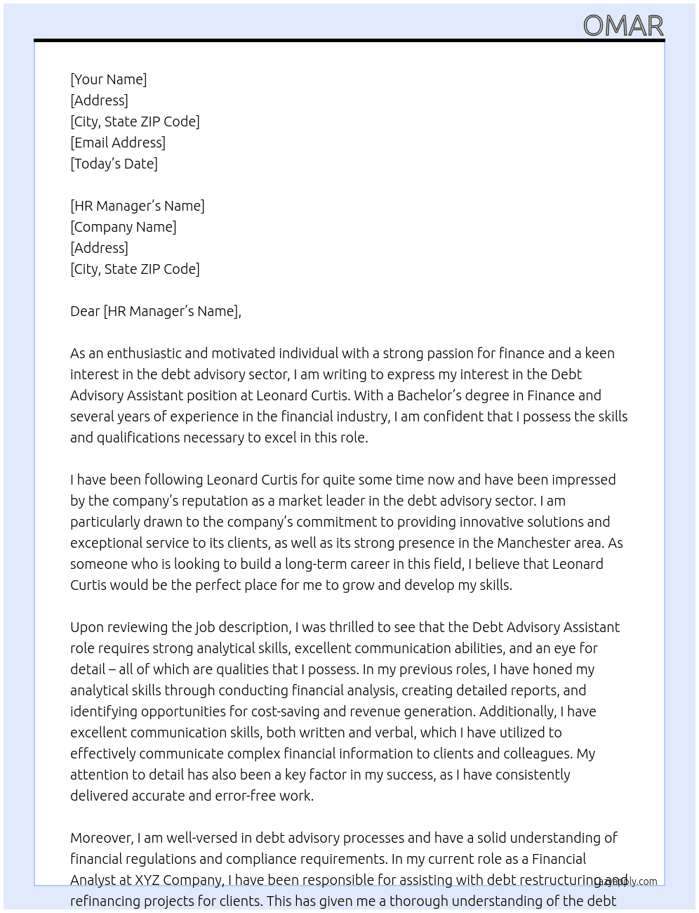 Debt Advisory assistant  At Leonard Curtis Cover Letter