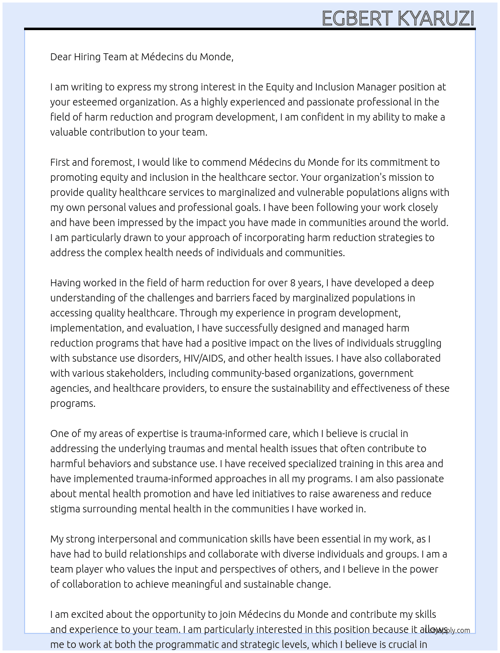 Equity And Inclusion Manager At Médecins du Monde Cover Letter