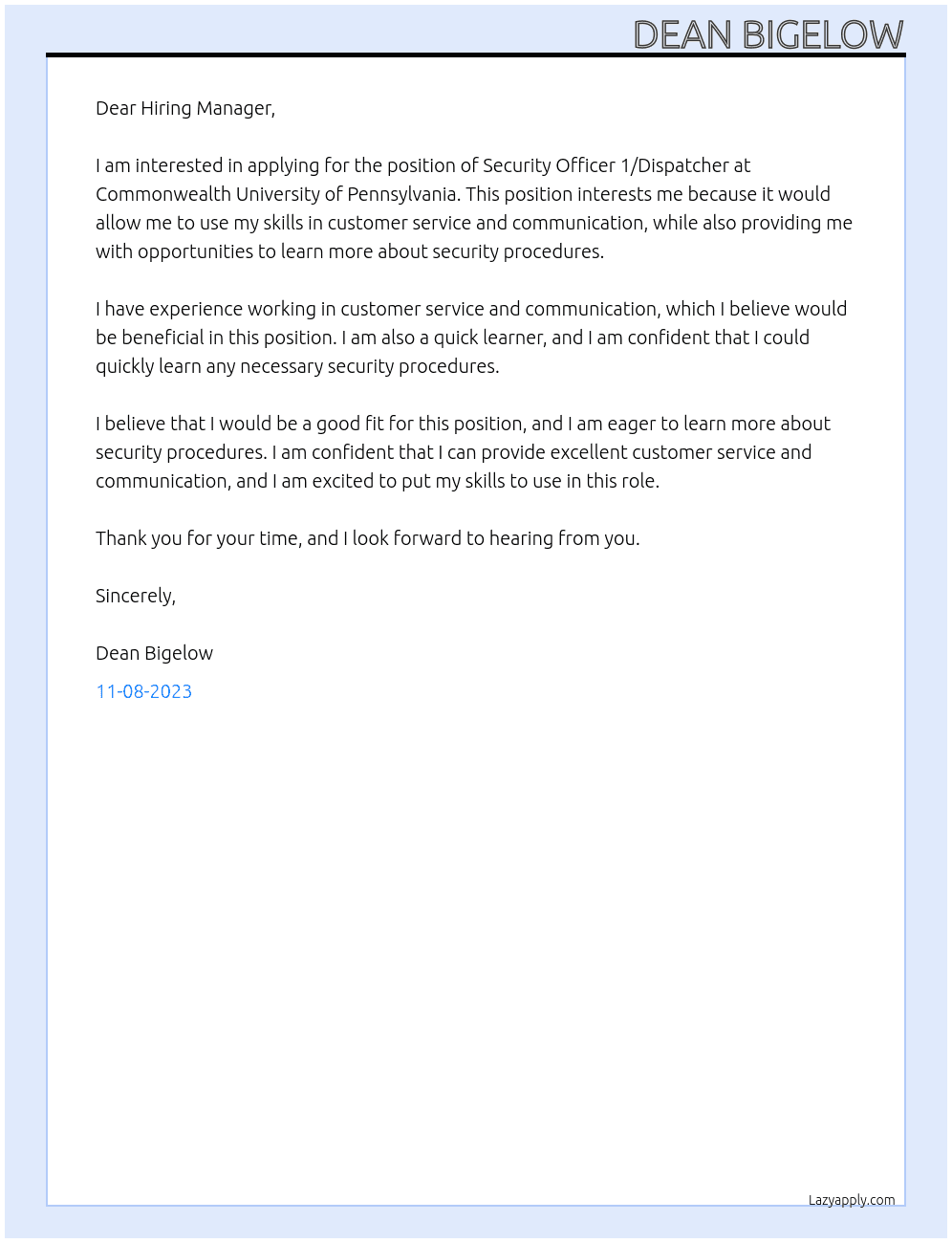 Security Officer 1/Dispatcher At Commonwealth University of Pennsylvania Cover Letter