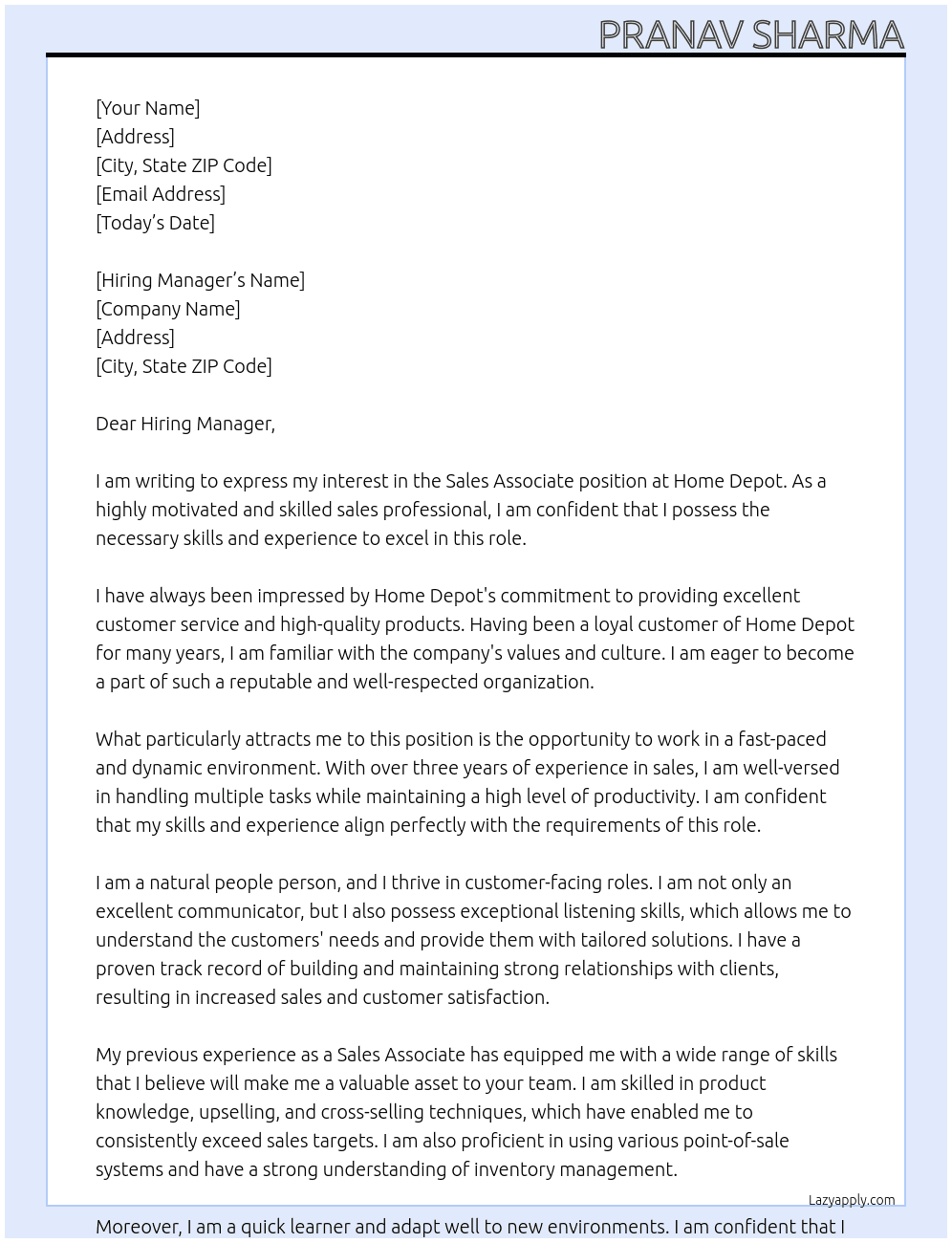 Sales Associate At Home Depot  Cover Letter