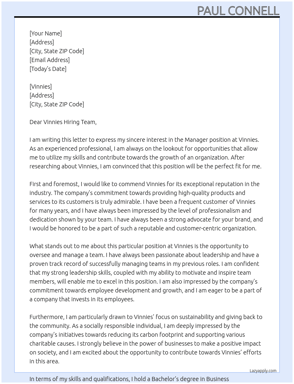 Manager At Vinnies Cover Letter