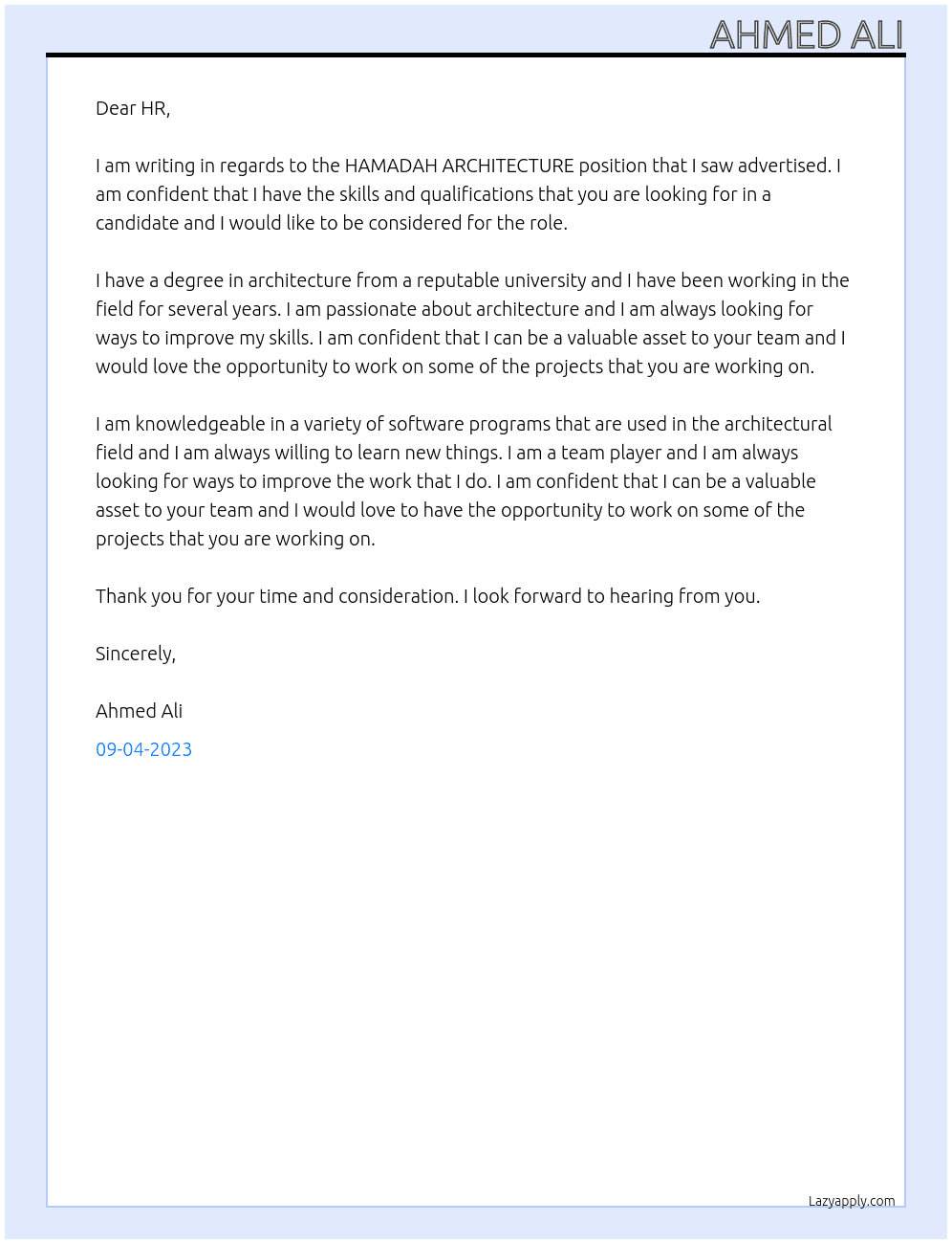 HAMADAH ARCHITECTURE At HAMADAH ARCHITECTURE Cover Letter