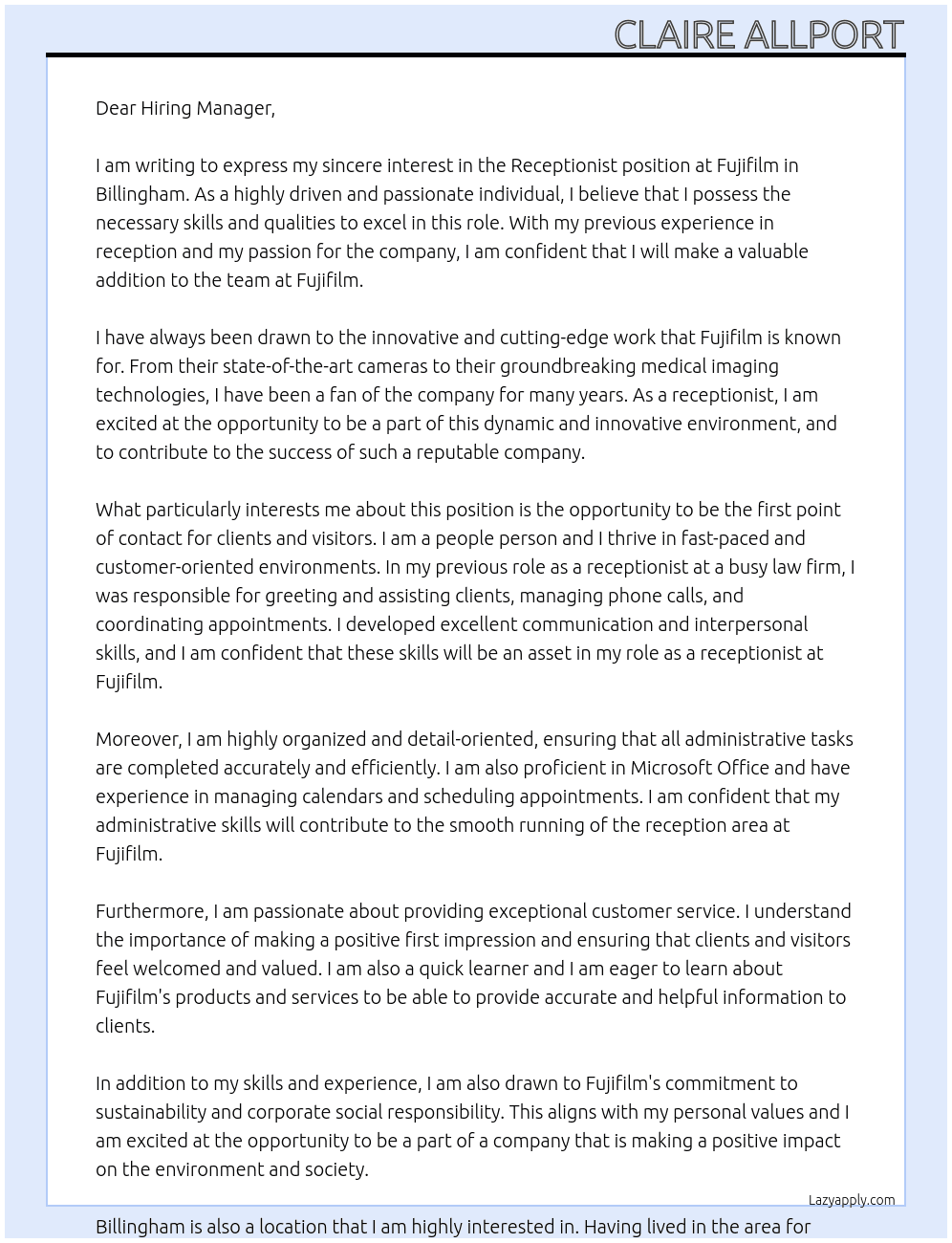 Receptionist  At Fujifilm Cover Letter