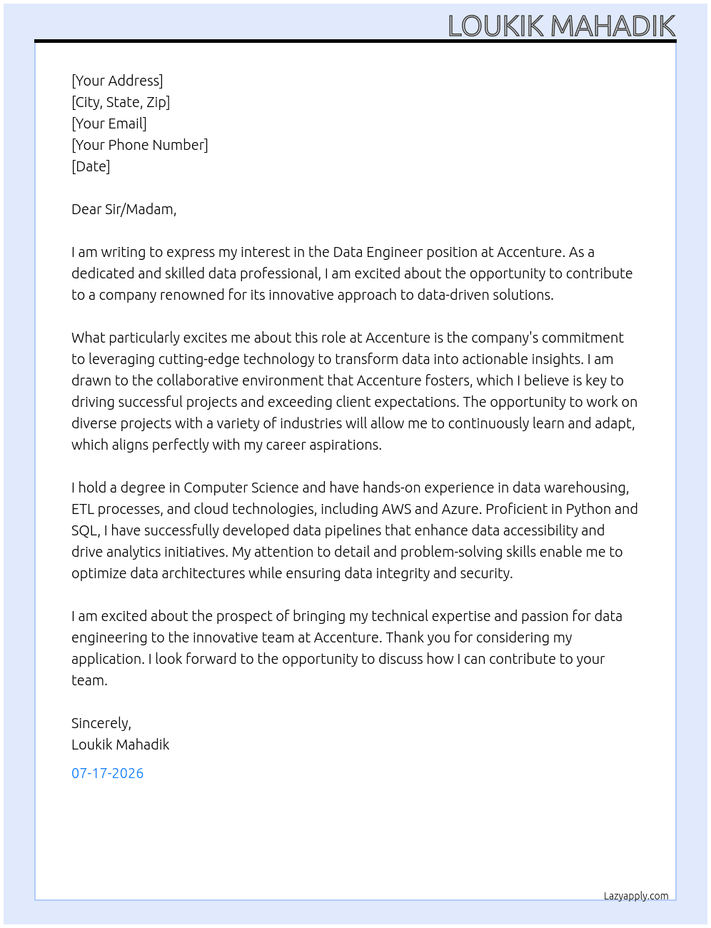 Cover letter for data engineer - LazyApply