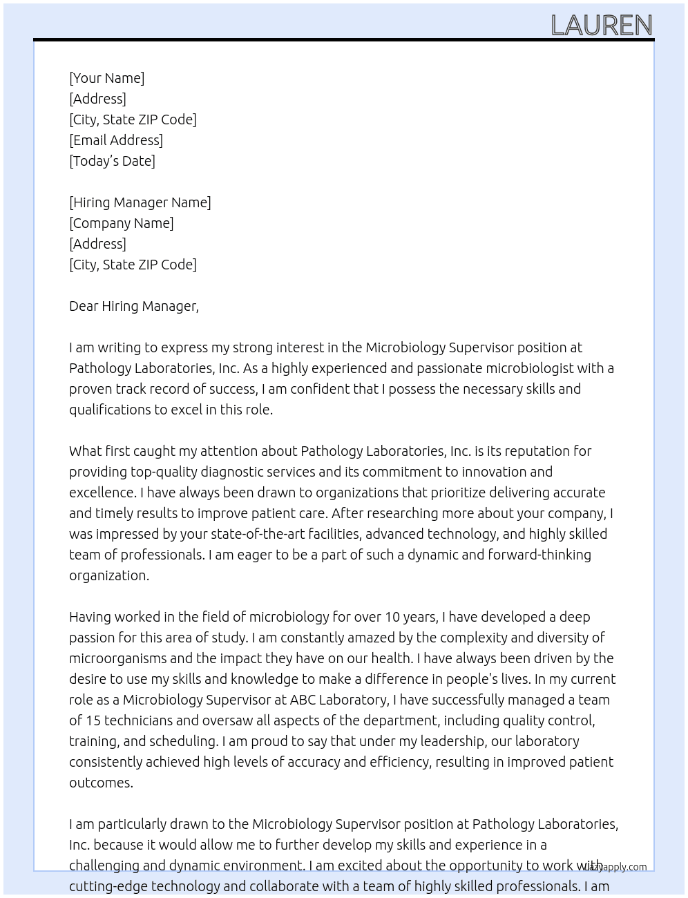 Microbiology supervisor At Pathology Laboratories, Inc. Cover Letter