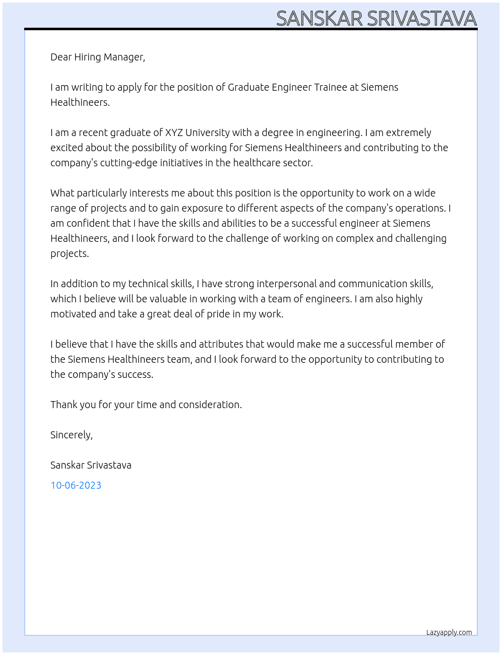 Graduate Engineer Trainee At Siemens Healthineers Cover Letter