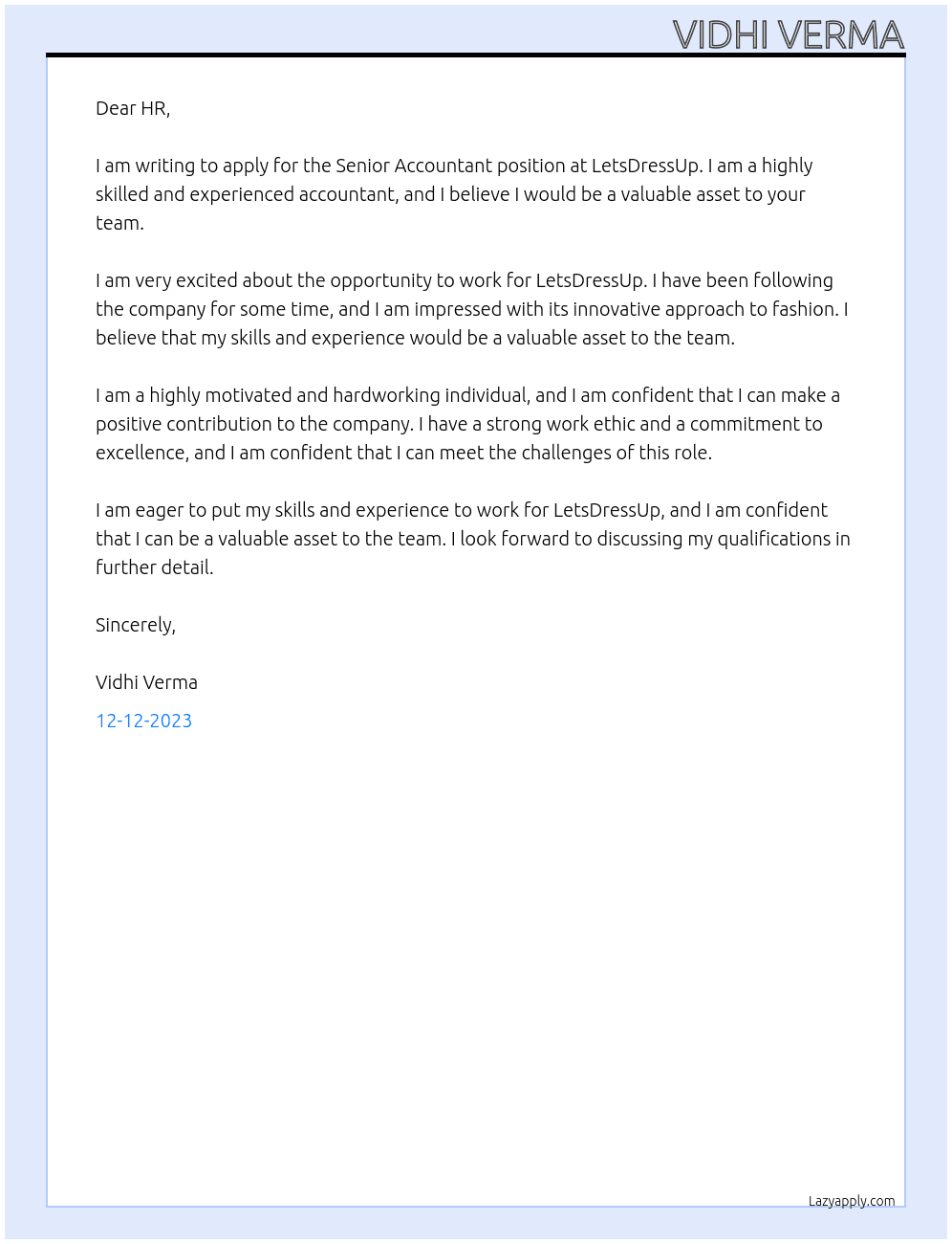 Senior Accountant At LetsDressUp Cover Letter
