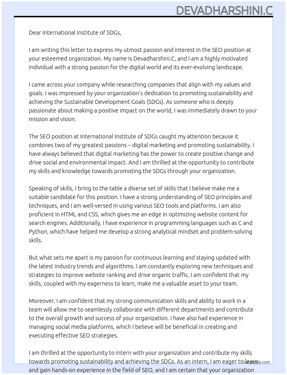 Seo At International institute of sdgs  Cover Letter
