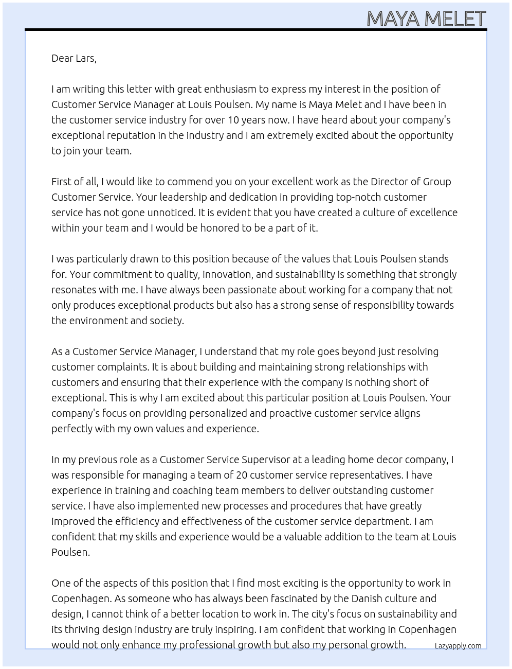 Customer Service Manager  At Louis Poulsen Cover Letter