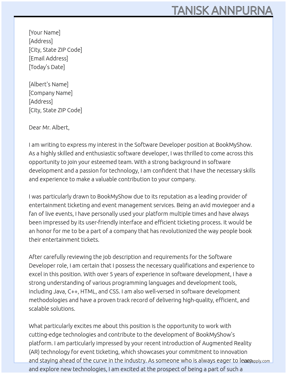 Software Developer At BookMyShow Cover Letter