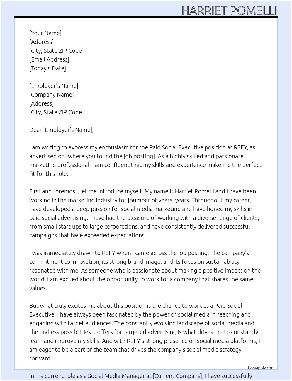 Paid Social Executive At REFY Cover Letter