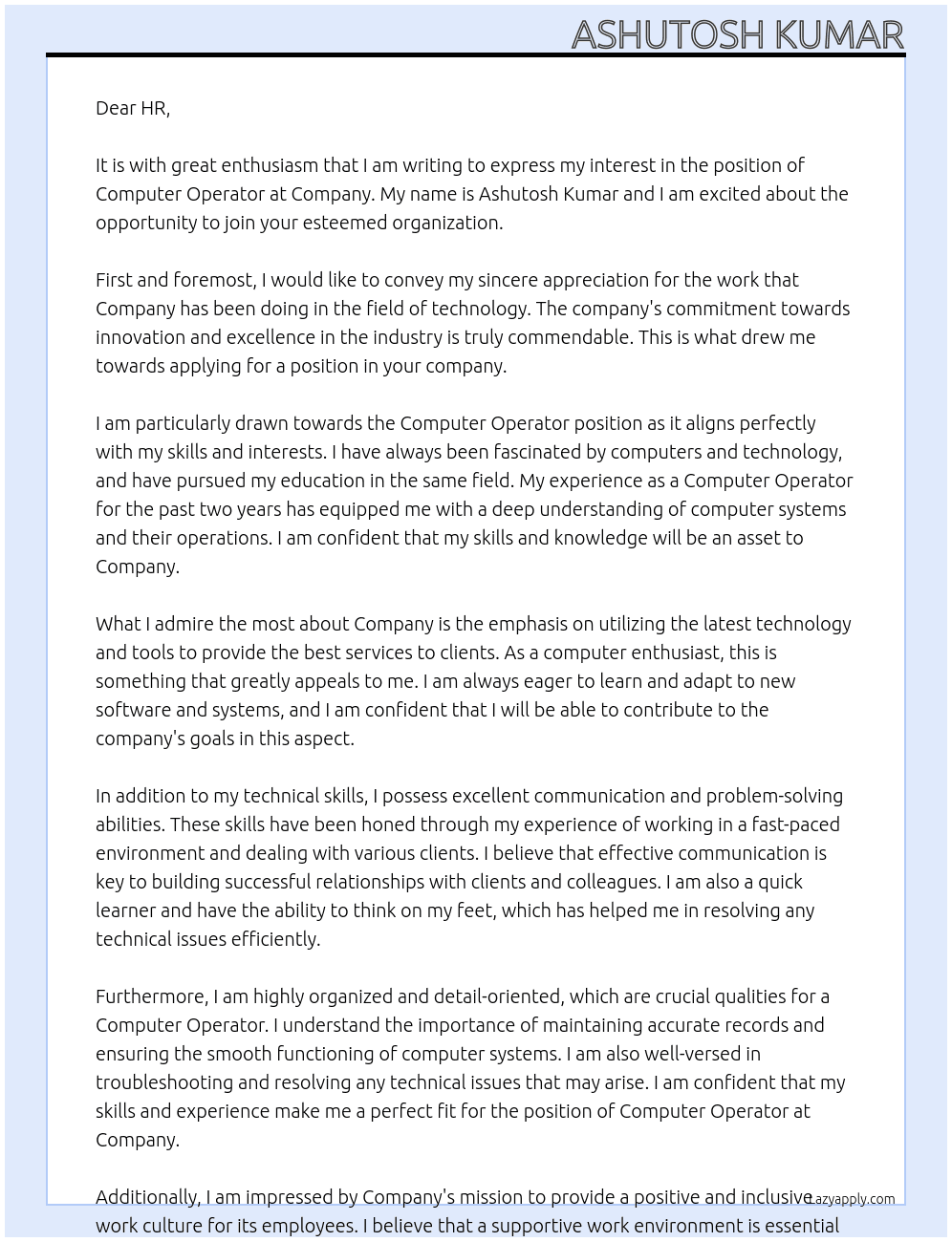 Computer operator  At Company  Cover Letter