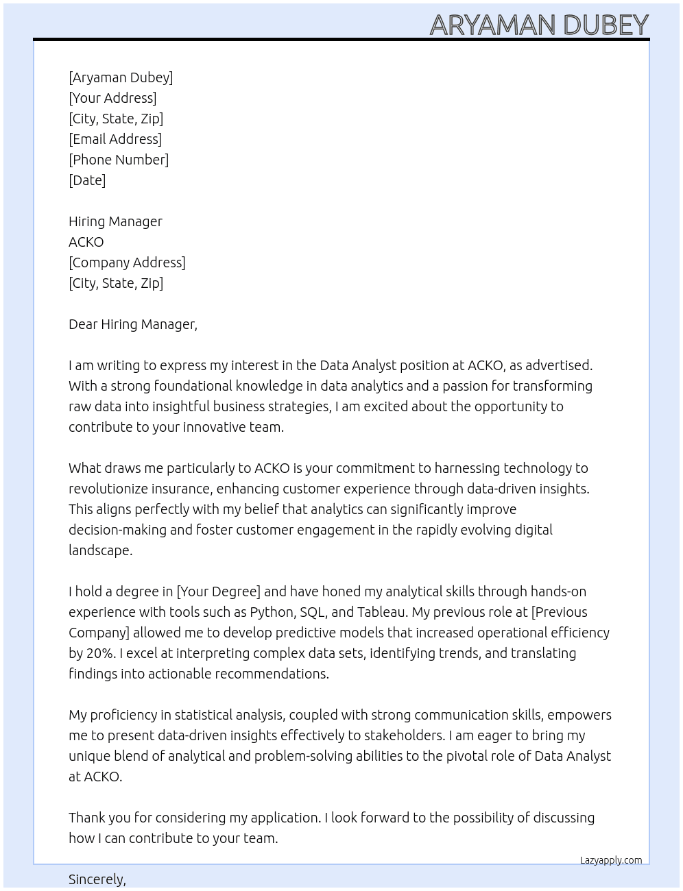 Data Analyst At ACKO Cover Letter