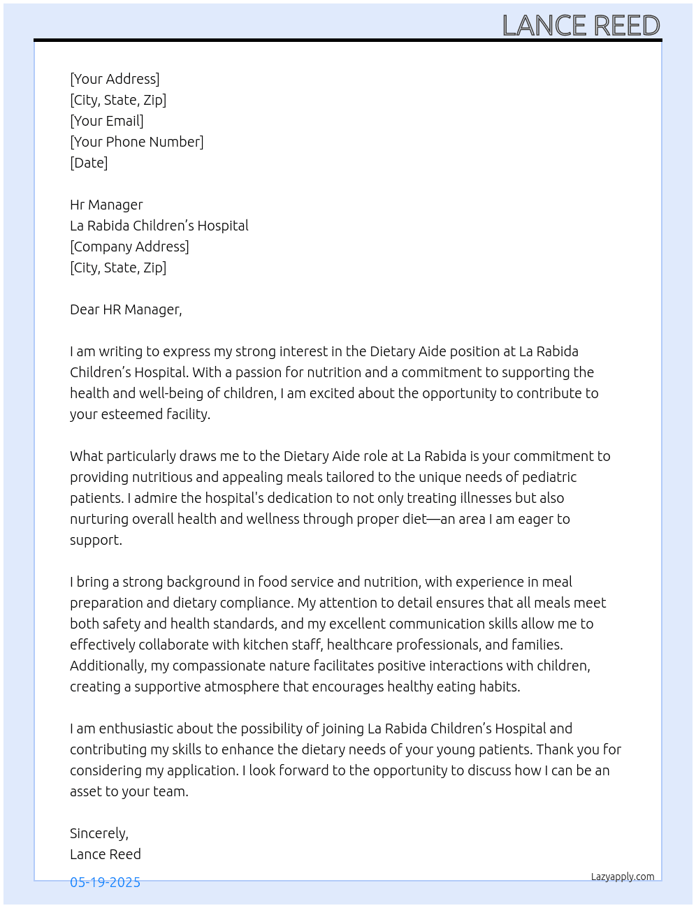 Dietary Aide At La Rabida Children’s Hospital  Cover Letter