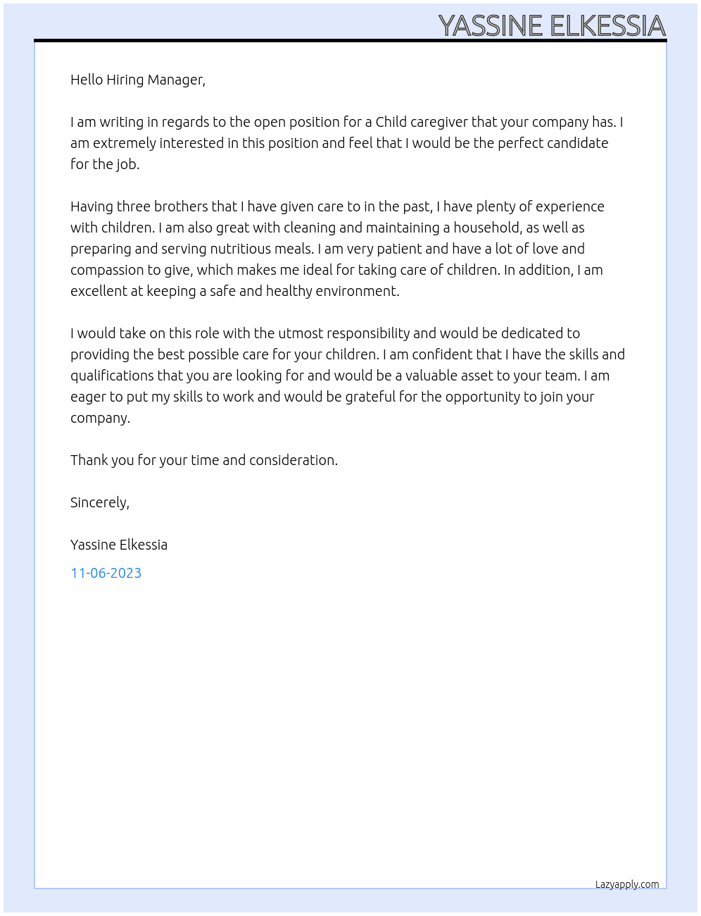 Child caregiver At Dear Hiring Manager Cover Letter