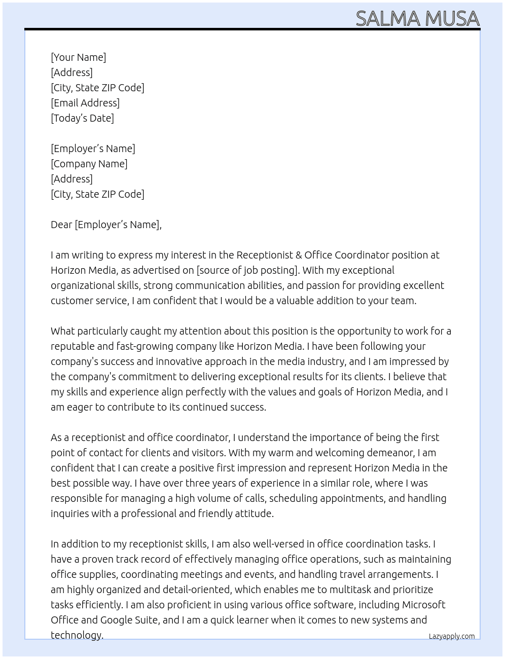 Receptionist & Office Coordinator At Horizon Media  Cover Letter