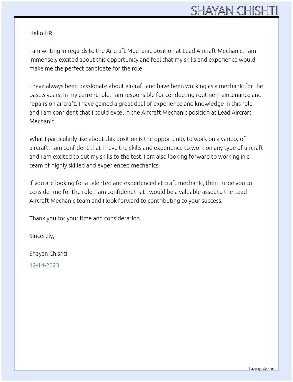 Aircraft Mechanic At Lead Aircraft Mechanic Cover Letter