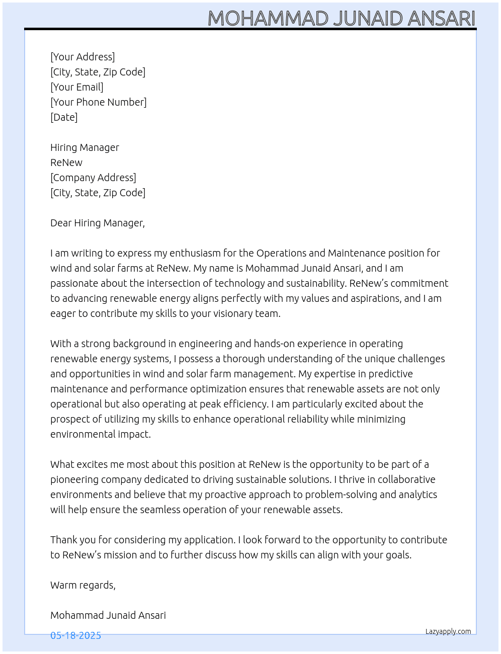 Operation and maintenance of wind and Solar farms At ReNew Cover Letter
