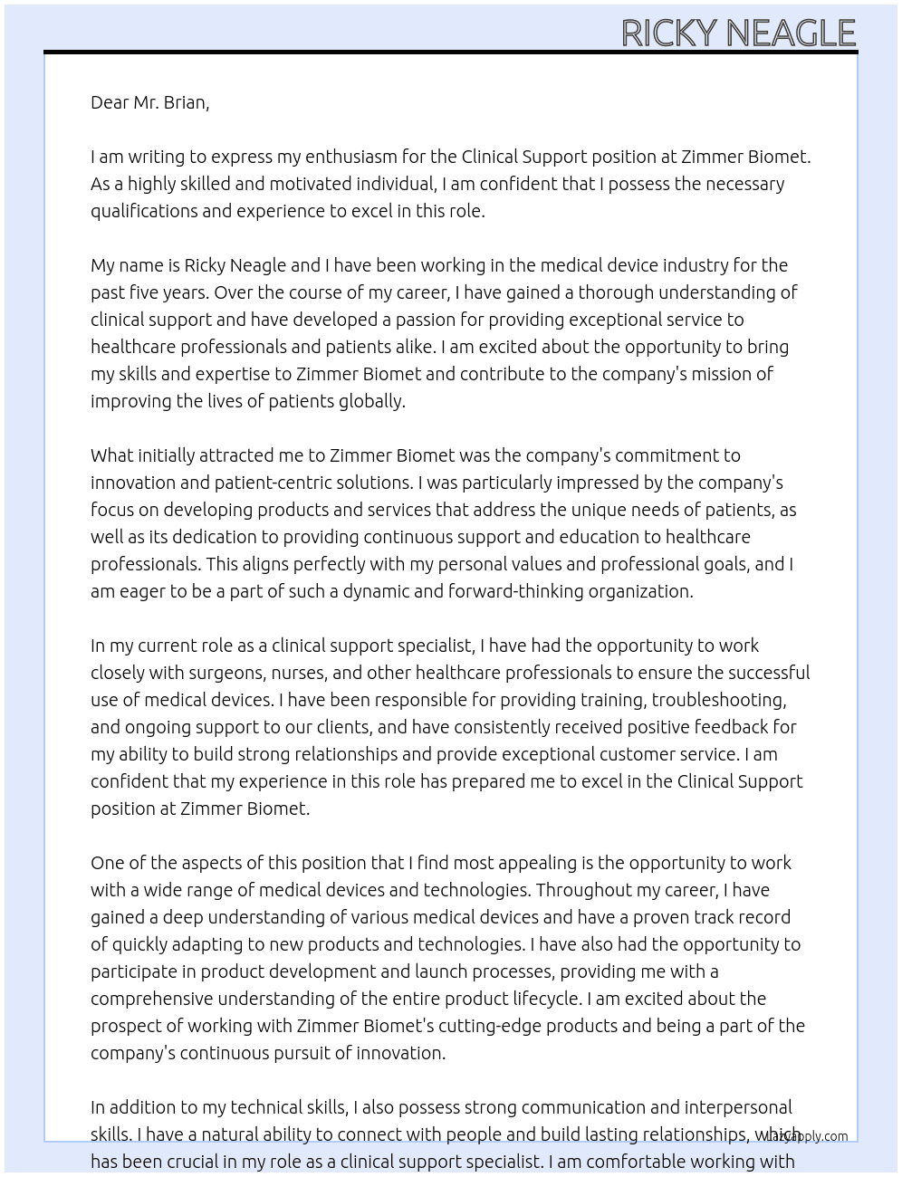 Clinical Support At Zimmer Biomet Cover Letter