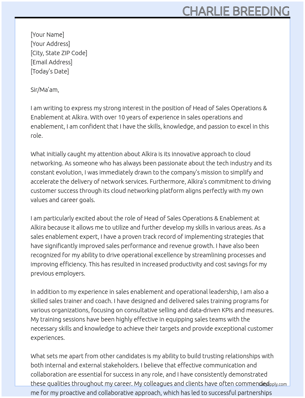 Head of Sales Operations & Enablement At Alkira Cover Letter