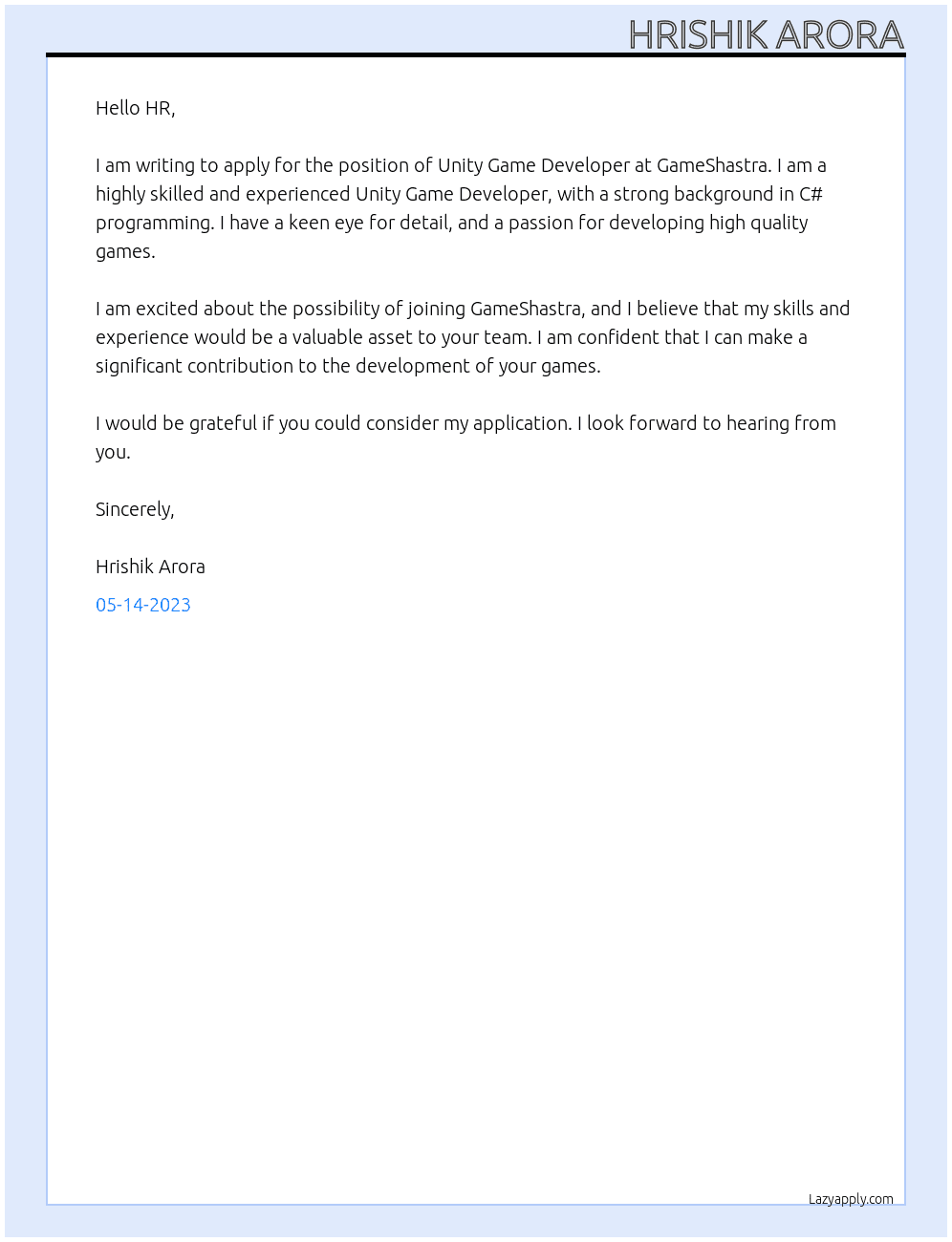 Unity Game Developer At GameShastra Cover Letter