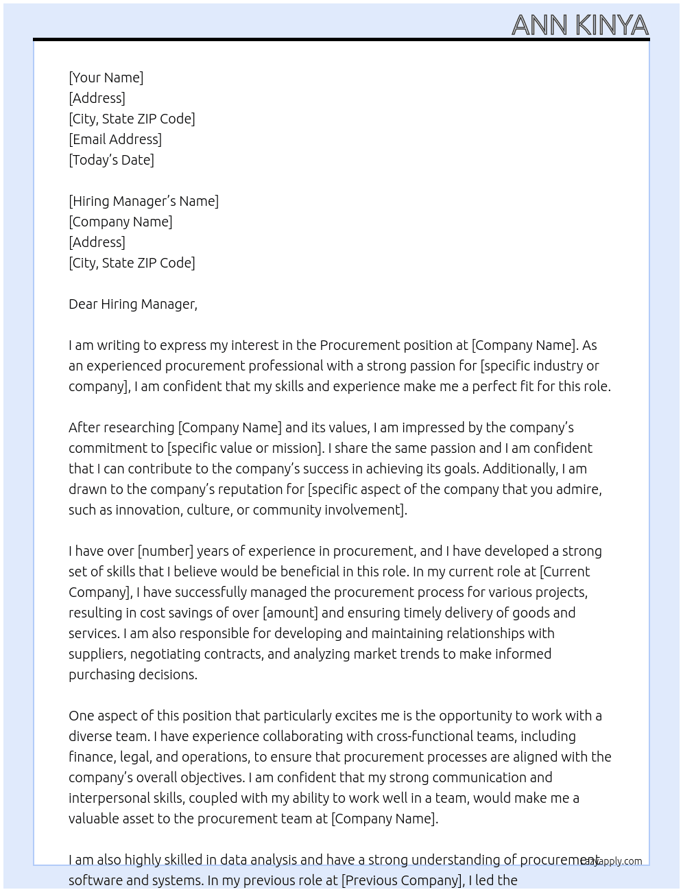 Procurement  At (name of the company) Cover Letter
