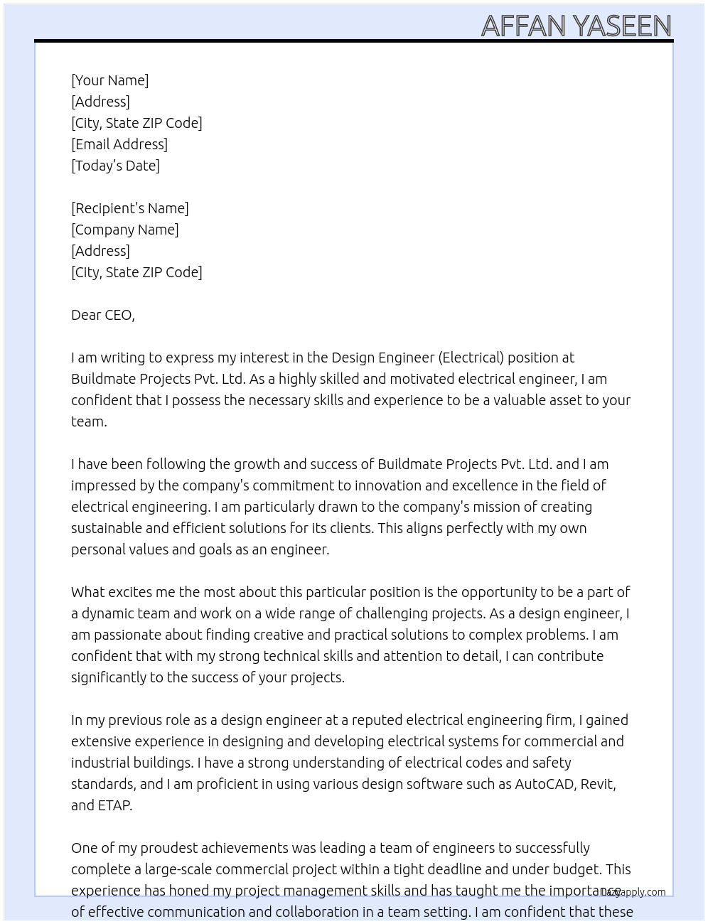 Design Engineer (Electrical) At BUILDMATE PROJECTS PVT. LTD Cover Letter