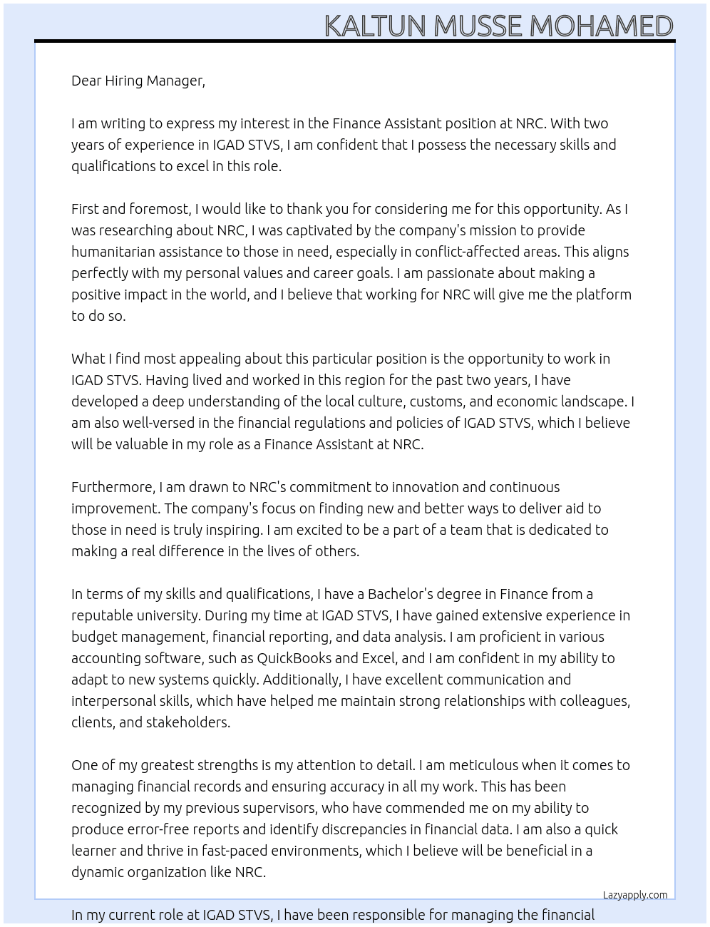 Finance Assistant two  years experience In IGAD STVS At NRC Cover Letter