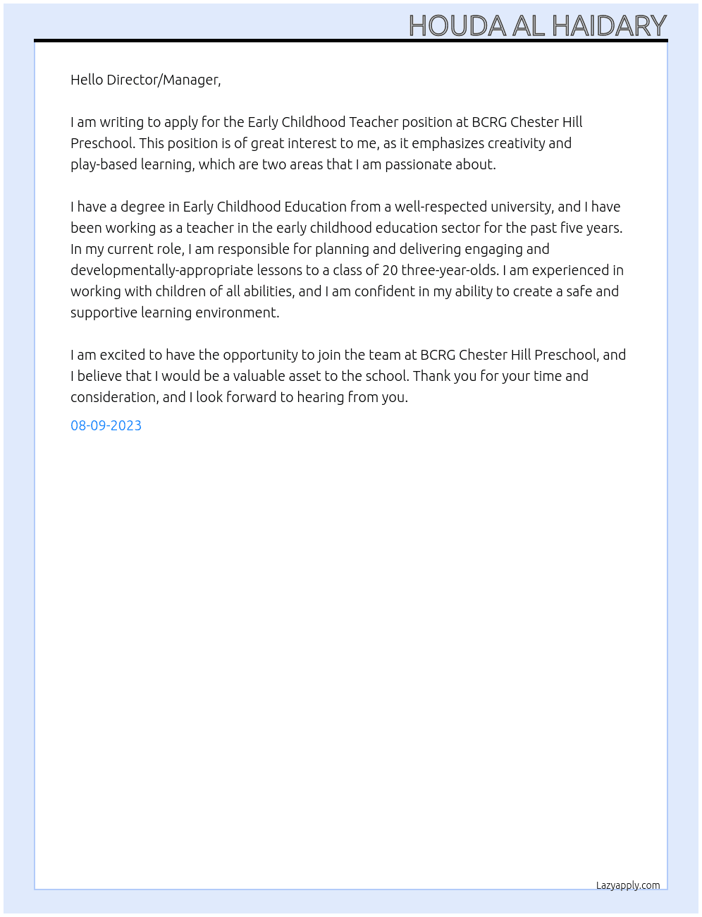 Early Childhood Teacher  At BCRG Chester Hill Preschool Cover Letter