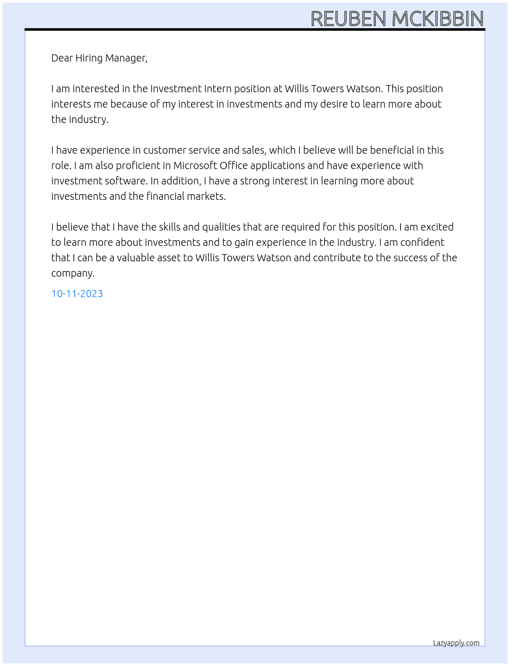 Investment Intern At Willis Towers Watson Cover Letter