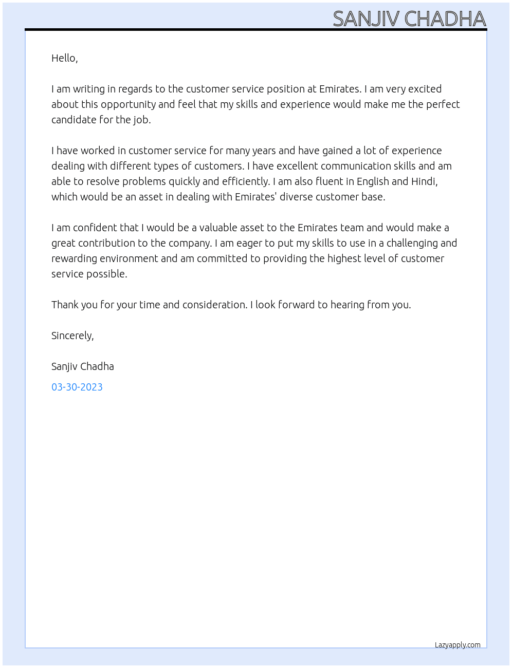 customer service At emriates Cover Letter