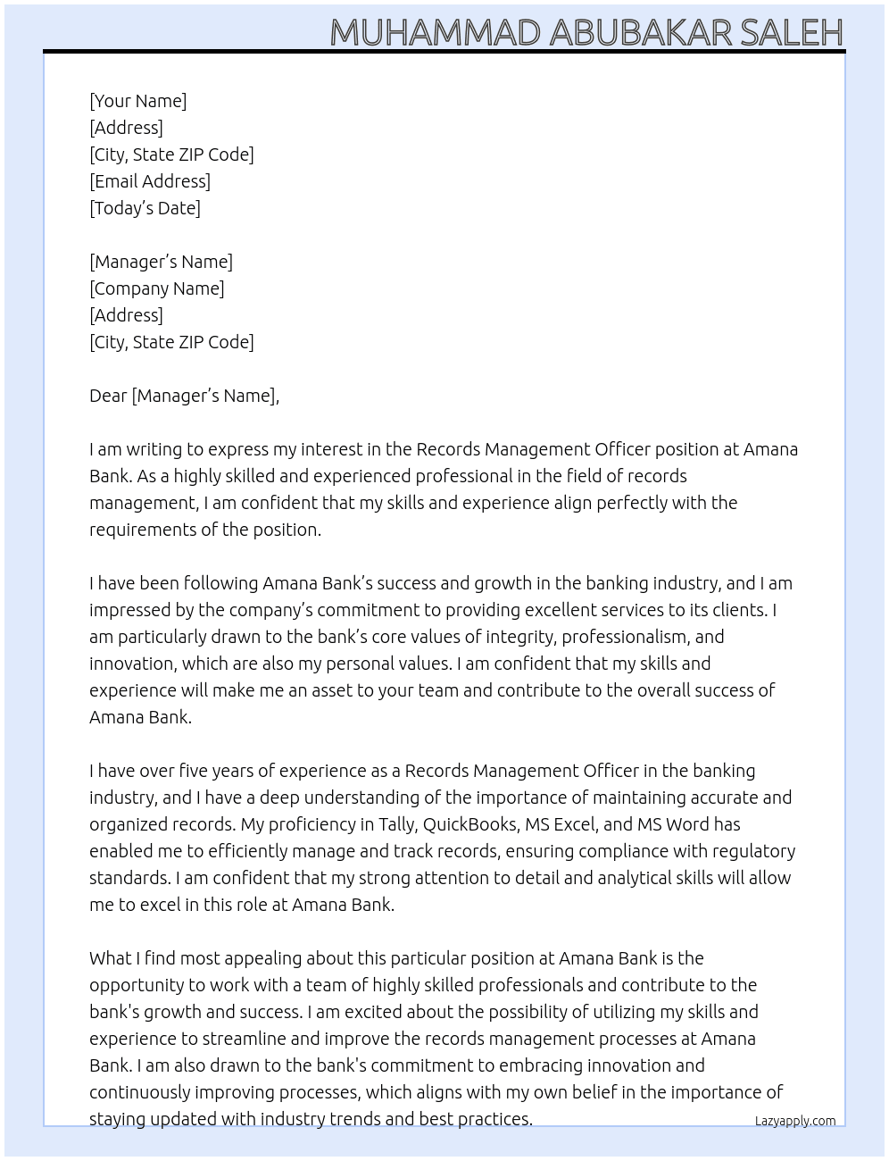 Records Management Officer At Amana bank Cover Letter
