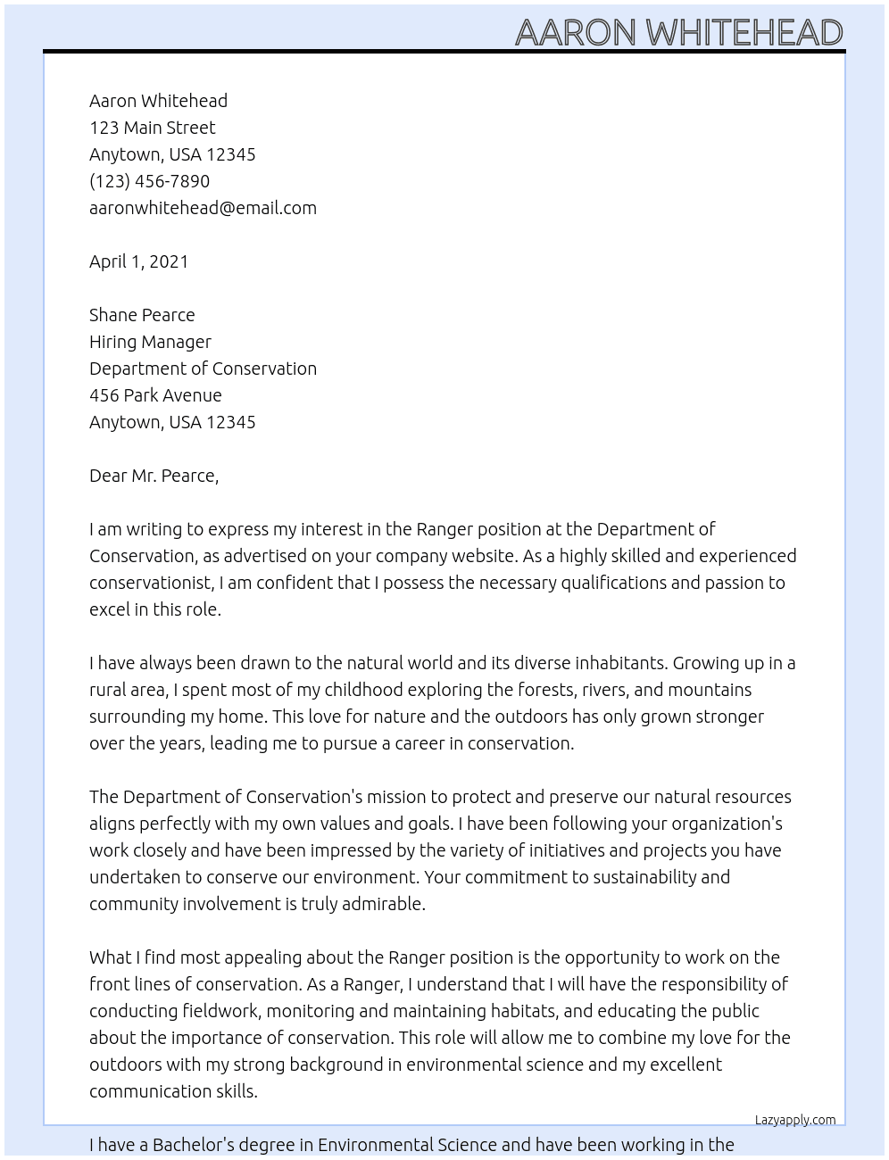 Ranger At Department of Conservation Cover Letter