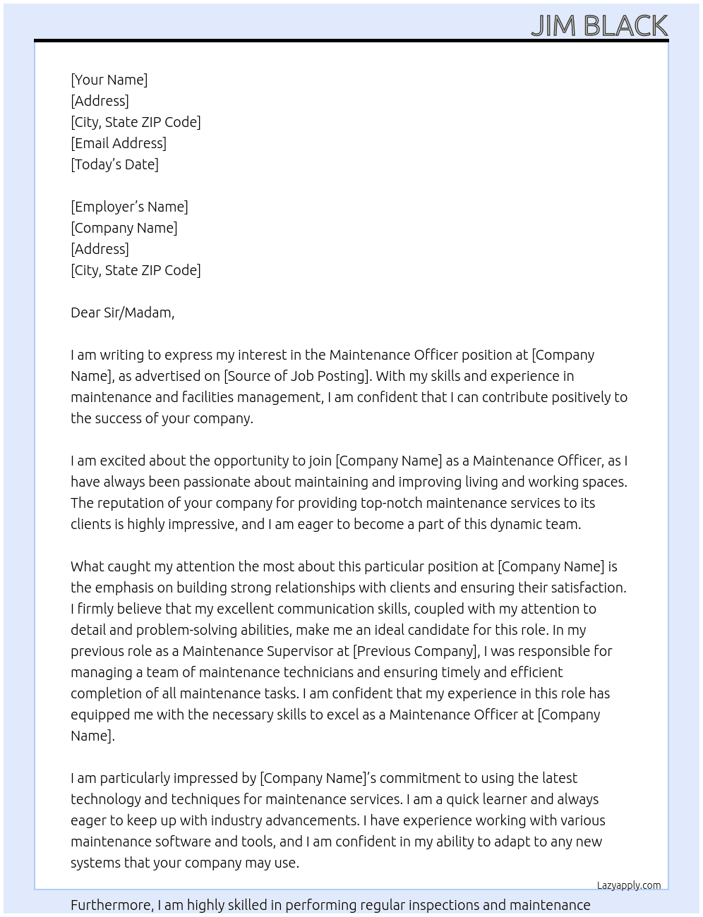 Maintenance Officer At Association Cover Letter