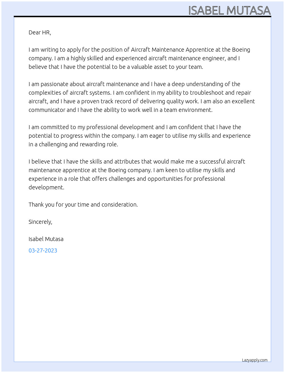 Aircraft maintenance apprentice  At Boeing company  Cover Letter